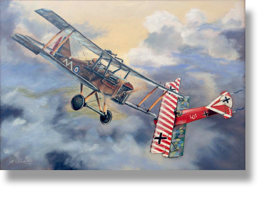 "Deadly Duel in the Clouds"
Oilpainting on canvas
WW1 The turning around each other 
100 x 70 cm
Framed with wingframe